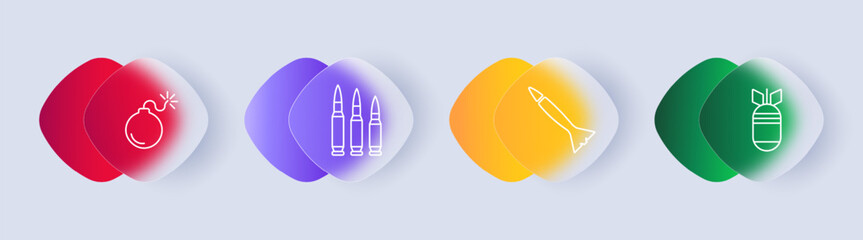 Weapons set icon. Bomb, fuse, caliber, cartridge, capsule, rocket, warhead, silhouettes, gradient. Concept of combat equipment and ammunition. Glasmorphism style.