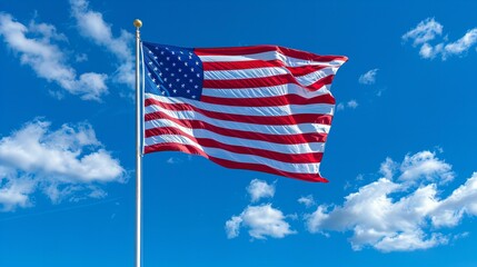 American flag flying against a blue sky, classic symbol of freedom and patriotism
