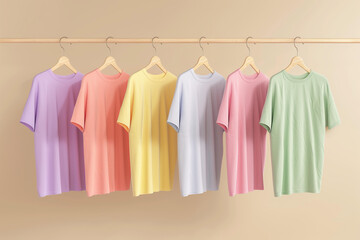 set of pastel colorful t-shirts hanging on wooden hangers against the background of an empty beige wall, a mockup with space for text or design. A stylish way to display in a store, shop front