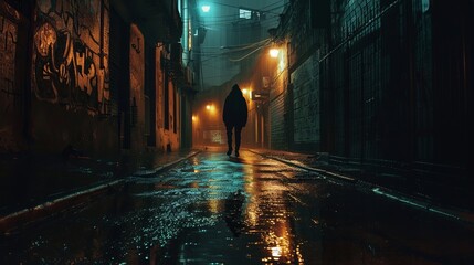 Lonely figure standing in a rain-soaked alleyway, dim streetlights casting long shadows, a sense of mystery and anticipation