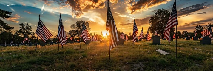 American flags at cemetery during sunset, conveying a mood of reverence and patriotism