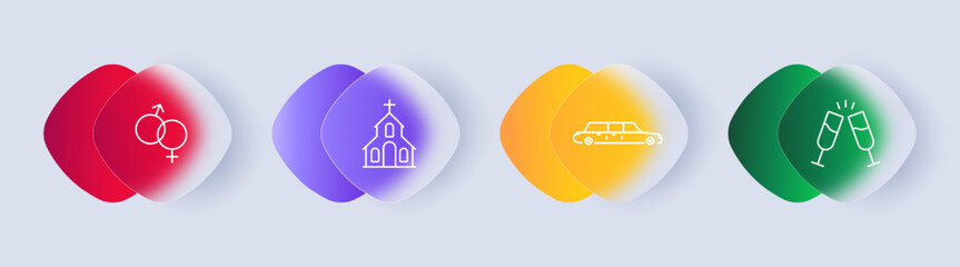 Wedding icon set. Sex, man, woman, gender, church, God's abode, limousine, holiday, celebration, alcohol, glasses, gradient. Concept of starting a relationship. Glassmorphism style.