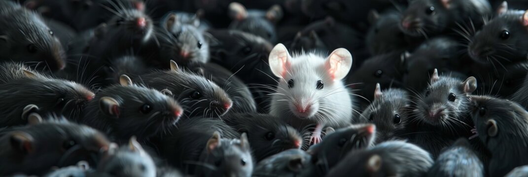 White lab rat among black rats on a dark background. Conceptual image for scientific research,