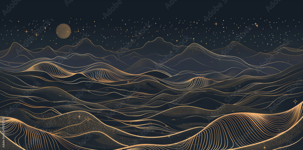 Wall mural abstract vector background with golden lines, mountains and stars on a dark sky in a night landscape