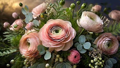 floral arrangement pink roses ranunculus anemone flowers and eucalyptus leaves for birthday mother s day valentine s day woman s day greetings card