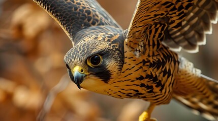 Majestic Falcon in Mid-Flight Amidst Autumn Foliage, Detailed Close-Up of Feathers and Intense Gaze