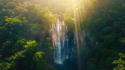 Aerial view of a majestic waterfall in a dense forest, drone capturing  - obrazy, fototapety, plakaty