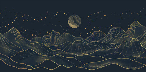 Abstract vector background with golden lines, mountains and stars on a dark sky in a night landscape
