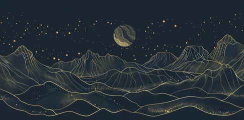 Photo sur Plexiglas Gris 2 Abstract vector background with golden lines, mountains and stars on a dark sky in a night landscape