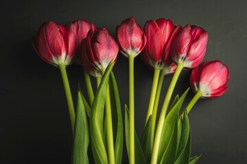 Closeup shot of a bouquet of red tulips on a gray background