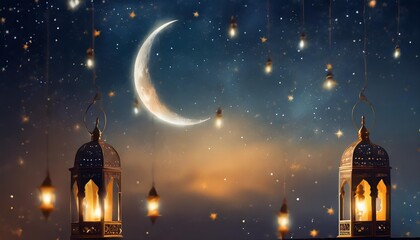 crescent moon shining over dark sky with stars and lanterns ramadan celebration concept