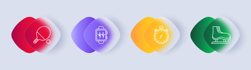 Useful hobby set icon. Skates, ping pong, racket and table tennis ball, smart watch, pulse, clock, stopwatch, health care, gradient. Healthy lifestyle concept. Glassmorphism style.