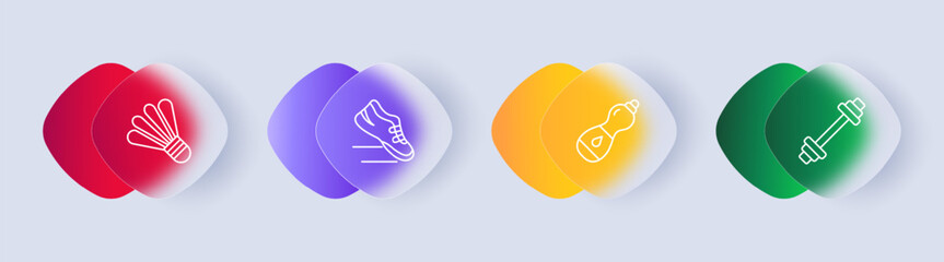 Useful hobby set icon. Shuttlecock, sports equipment, sneakers, running, water, maintaining hydration, heavy weight, barbell, health care, gradient. Healthy lifestyle concept. Glassmorphism style.