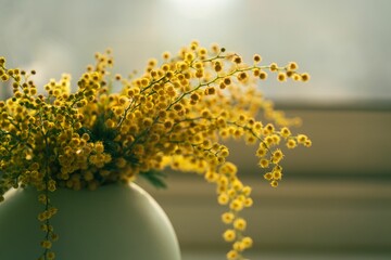 Closeup shot of small fuzzy yellow flowers in a vase