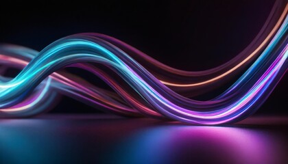 3d render abstract panoramic background of twisted dynamic neon lines glowing in the dark room with floor reflection virtual fluorescent ribbon loop fantastic minimalist wallpaper
