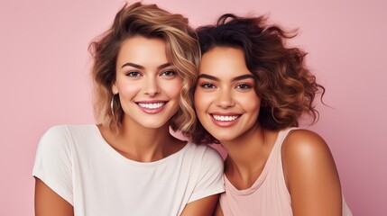 Two Happy Beautiful Friends Women on pink background