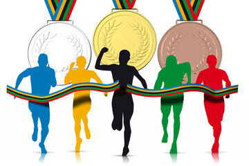 Atleti tagliano il traguardo con sullo sfondo le tre medaglie olimpiche per il podio : oro, argento, bronzo.. - obrazy, fototapety, plakaty