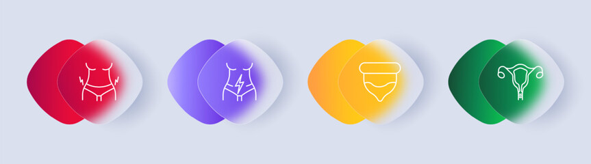 Menstruation set icon. Pain in the hips, critical days, female cycle, female body, silhouette, pad, blood, lightning, chest, gradient button. Glassmorphism style.
