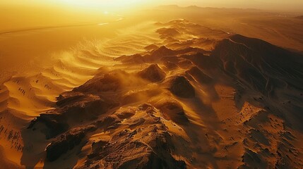 An expansive desert landscape seen from above, drone highlighting the vast, undulating sand dunes - obrazy, fototapety, plakaty