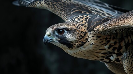 Majestic Falcon in Mid-Flight, Showcasing Intricate Feather Patterns Against a Dark Background