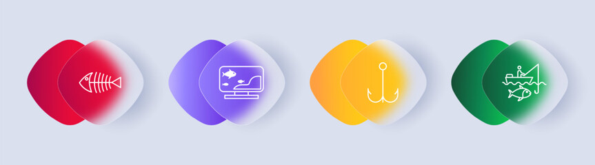 Fish icon set. Fishing, TV show, skeleton, float, hook, man, pier, bait, bait, silhouette, bait, underwater inhabitants, gradient. Outdoor recreation, active leisure concept. Glassmorphism style.