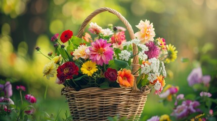 Basket of wildflowers in meadow