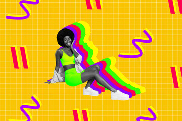 Composite trend image 3D photo collage of black white silhouette young attractive lady wear vibrant clothes look flirty geometry elements