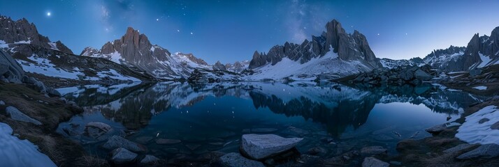 Starry night sky over mountain and reflective lake. Milky Way view. Nature and universe concept