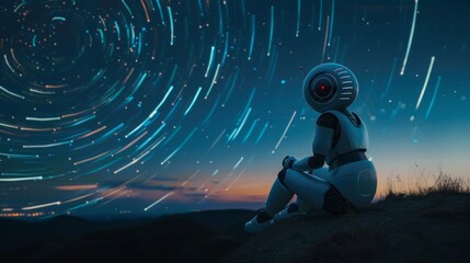 AI robot sitting alone, gazing at a starry night sky, a sense of wonder and contemplation