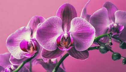 beautiful purple phalaenopsis orchid flowers on bright pink background tropical flower branch of...