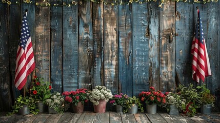 American flags leaning against a barnwood backdrop, evoking a countrystyle Independence Day sentiment