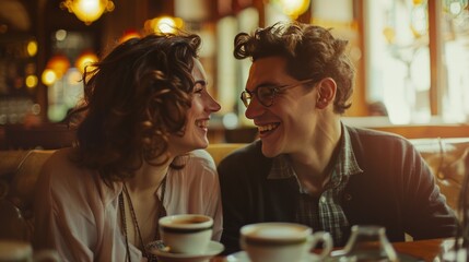Young couple laughing together in an old cafe