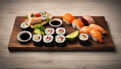 A wooden platter holds an array of sushi, accompanied by sliced avocado and soy sauce, all bathed in warm, inviting light.