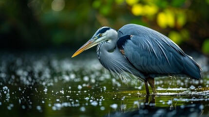 Majestic Grey Heron Standing in Shallow Sparkling Waters Amidst Green Foliage, Capturing the Essence of Natural Wildlife