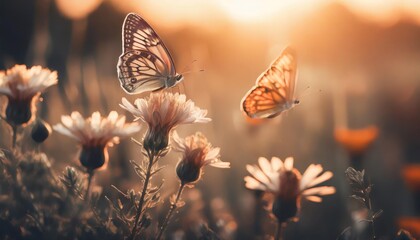 art beautiful summer sunset background with blooming wild lovanda flowers and flying butterflies in...