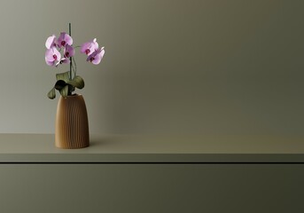Monochrome Dark Green kitchen tabletop with empty space for your product display and flower vase on deep green room background.  Minimal elegant trendy kitchen. 3d rendering.
