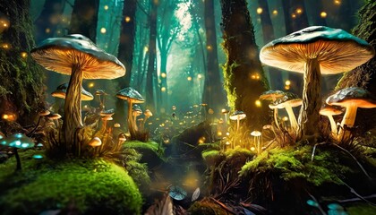 a bright enchanted forest with magical mushrooms generative ai