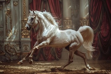 Regal white horse with feather headdress prancing, reviving the elegance of traditional circus shows