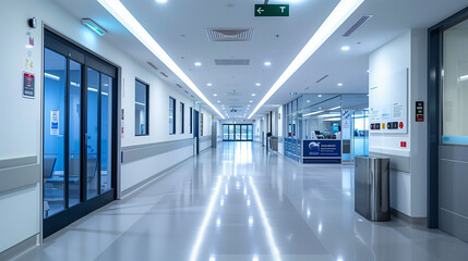 Modern hospital corridor with bright lighting and clean, minimalistic design