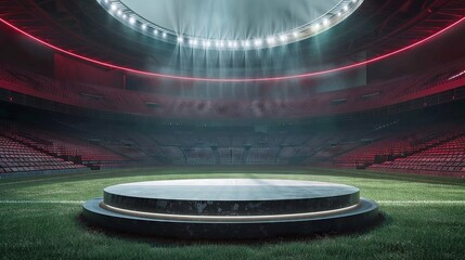 Podium on soccer field in stadium, surrounded by empty seats, dramatic lighting