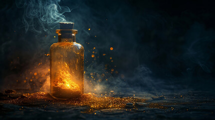 Mystical bottle releasing a cloud of sparkling dust, set in a shadowy, spellbound environment - obrazy, fototapety, plakaty