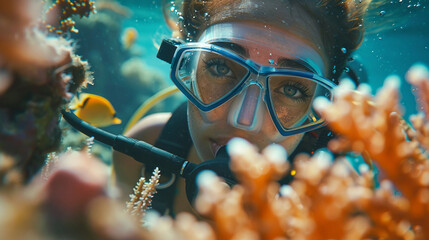 Scuba diver woman navigating a colorful reef, closeup underwater shot highlighting the intimate connection between human and marine life