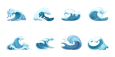 Set of water waves on a white background.