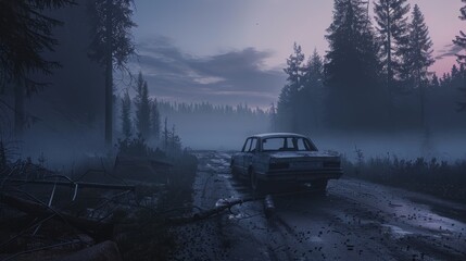 An abandoned car on a foggy road at dawn, the surrounding forest looming, evoking a sense of suspense and foreboding