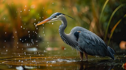 Majestic Heron Captured Amidst a Serene Pond, Surrounded by Lush Greenery and Glistening Water Drops