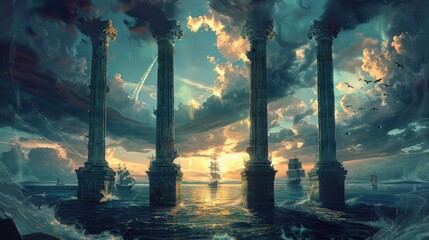 Majestic pillars named for macroeconomic principles emerge from the sea, guiding ships of nations in stable policy waters. - obrazy, fototapety, plakaty