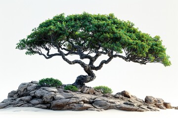 A delicate bonsai tree, a symbol of Japanese culture and elegance, grown with utmost care isolated on a white background. - obrazy, fototapety, plakaty