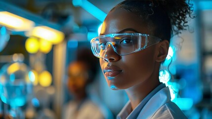 A diverse team of scientists researching alternative energy solutions in a high-tech lab