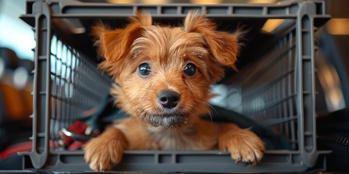 Cute puppy sitting in a carrier with a curious expression on his face.
