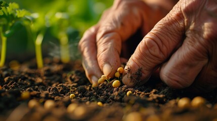 A gardener's hands planting seeds in fertile soil, close-up on the act of beginning new life